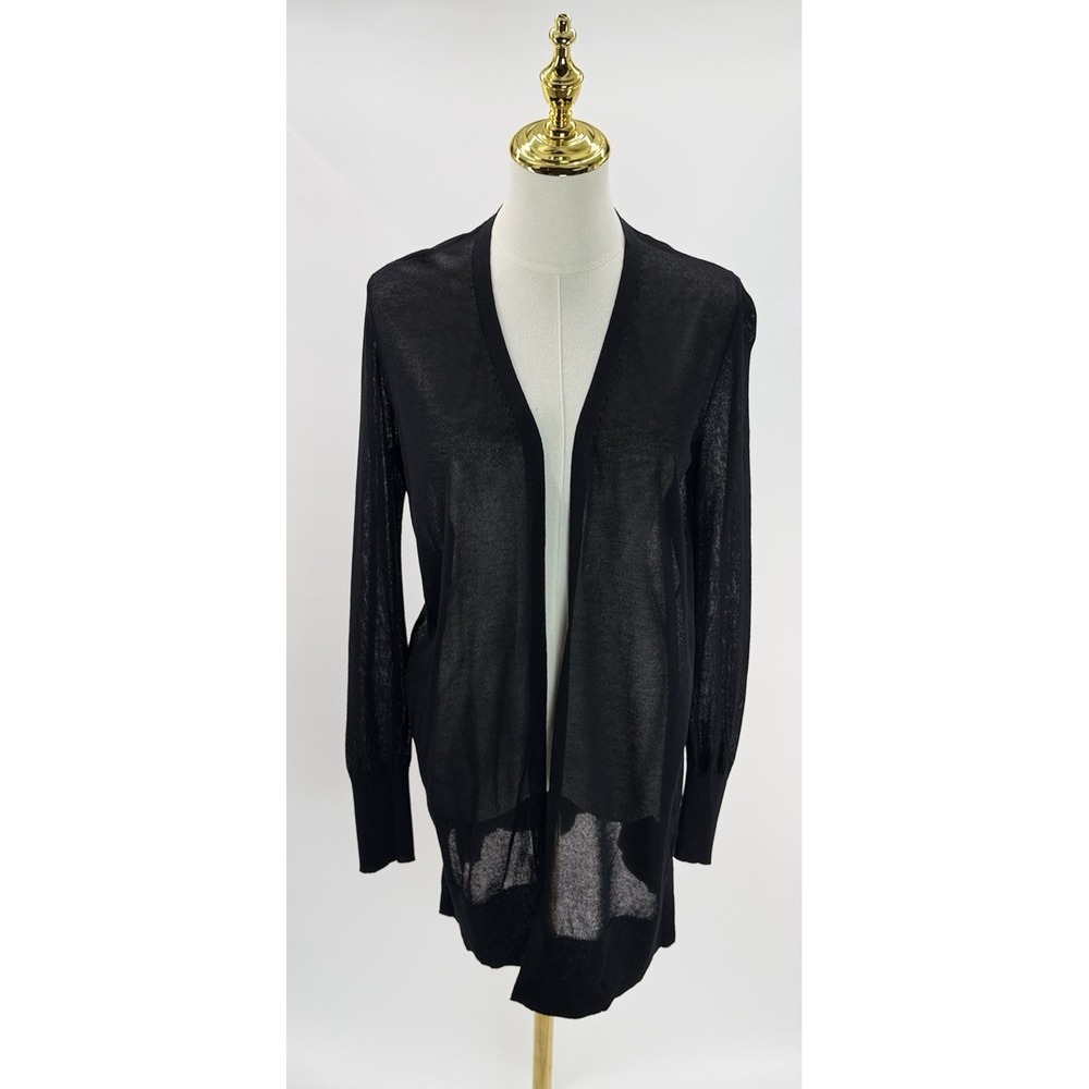 Sam and Jess Women's Fine Gauge Long Line Open Front Black Sheer Sweater Small S